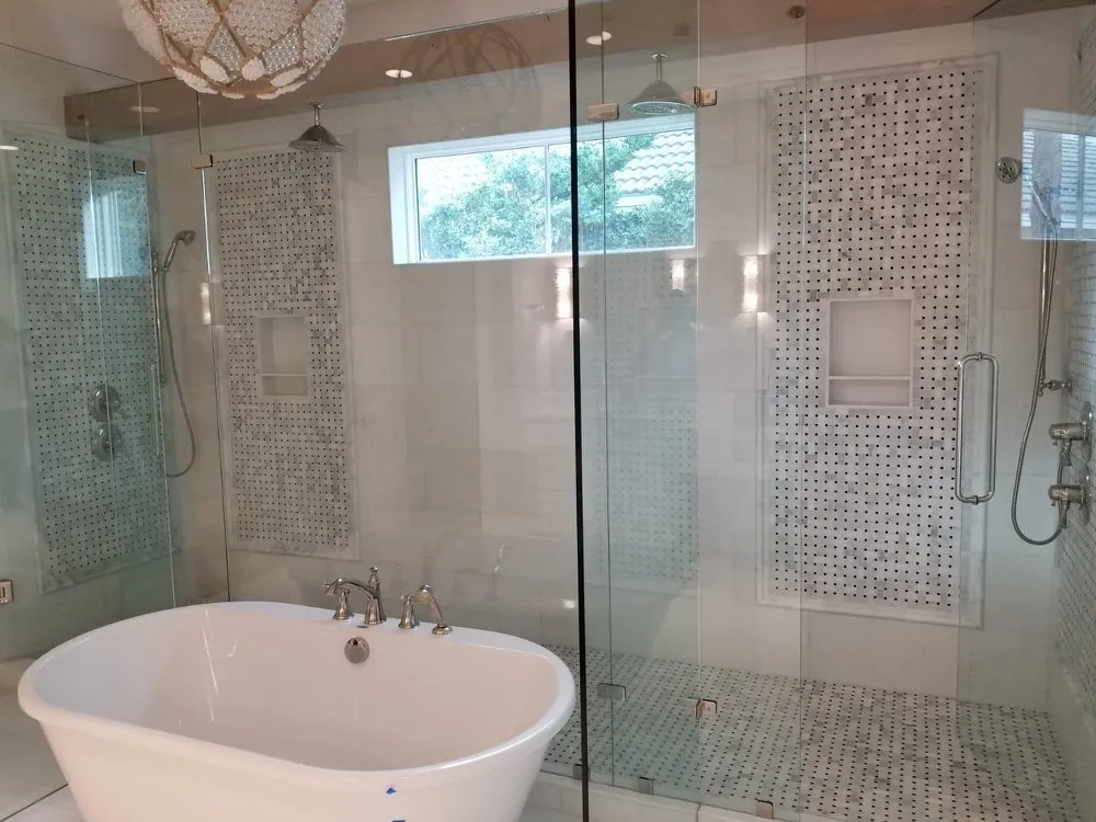 Luxury master bathroom with stone countertops